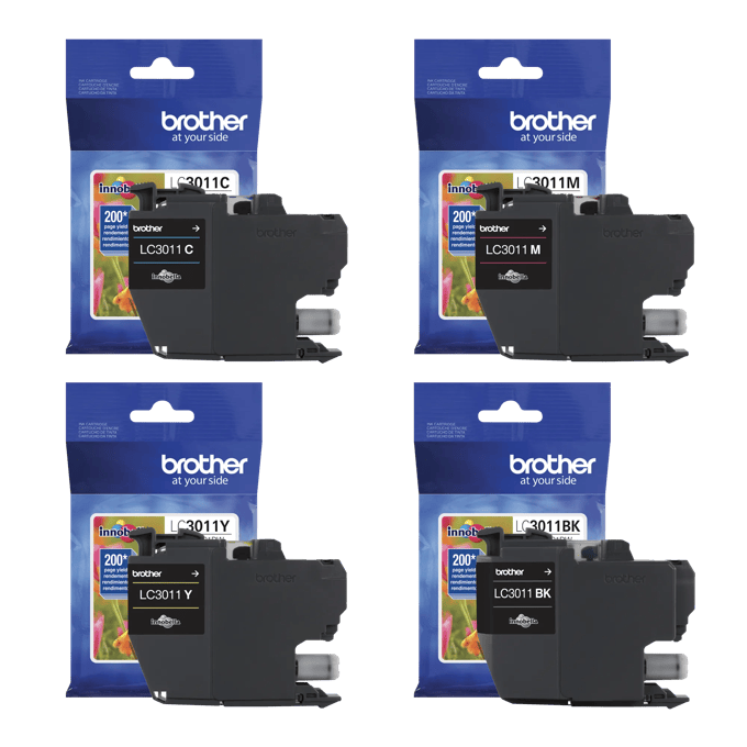 Brother LC3011 ink cartridge bundle in cyan, magenta, yellow, and black