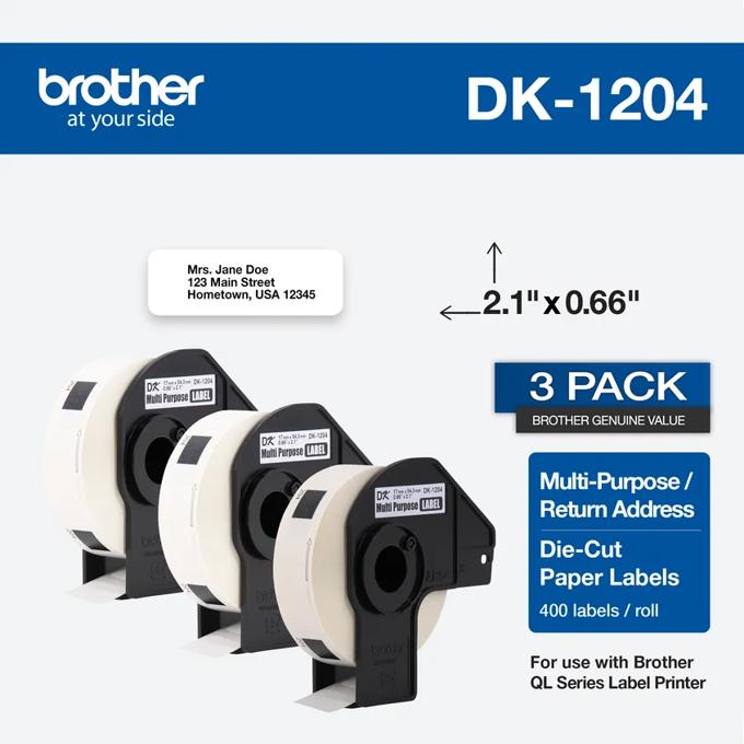Brother DK-1204 multi-purpose die-cut paper labels, 3-pack for QL series label printers