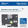 Cartucho de cinta de etiquetas laminada extra resistente Brother TZe-S121 con impresión negra sobre fondo transparente