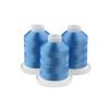 Three glacier blue embroidery thread spools on white bases