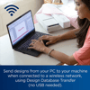 Woman using laptop to send embroidery designs wirelessly to Brother sewing machine