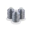 Three grey embroidery thread spools on white bases