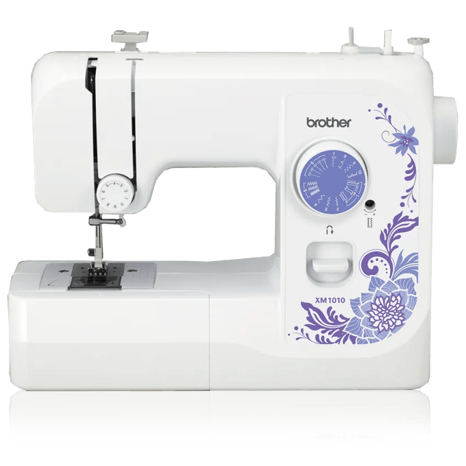 Brother XM1010 sewing machine with purple floral design and stitch selector dial