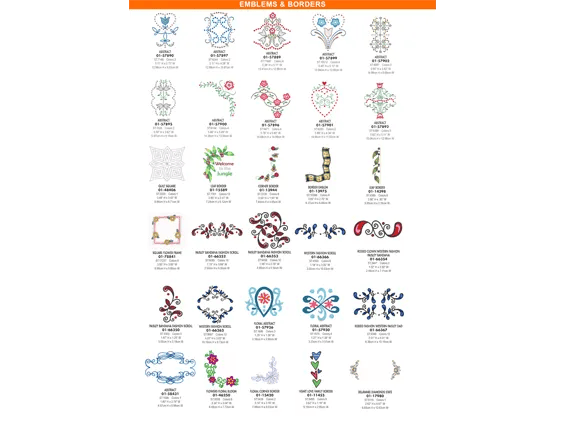Brother embroidery machine design catalog showing floral and decorative border patterns