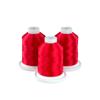 Three spools of vibrant red embroidery thread on white bases