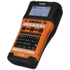 Brother PT-E550W handheld label maker with QWERTY keyboard and LCD display in orange and black