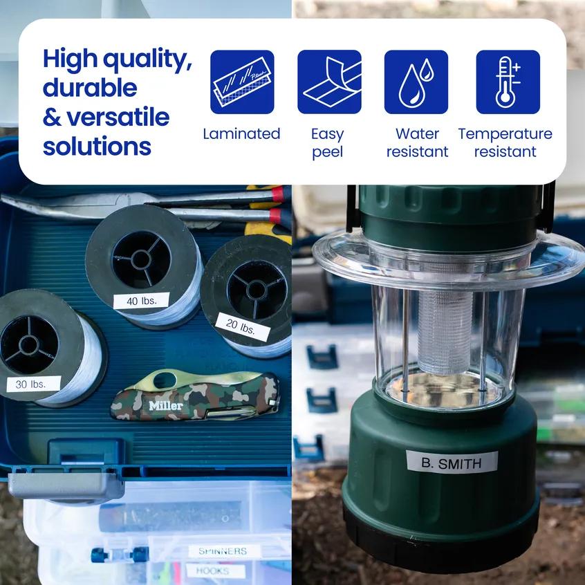 Brother P-touch laminated labels on water bottles, lantern, and storage bins showing durability