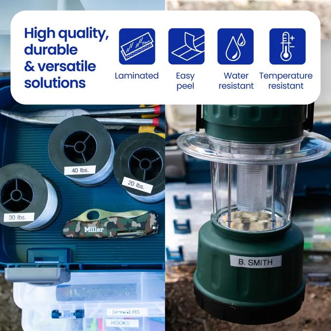 Brother P-touch laminated labels on water bottles, lantern, and storage bins showing durability