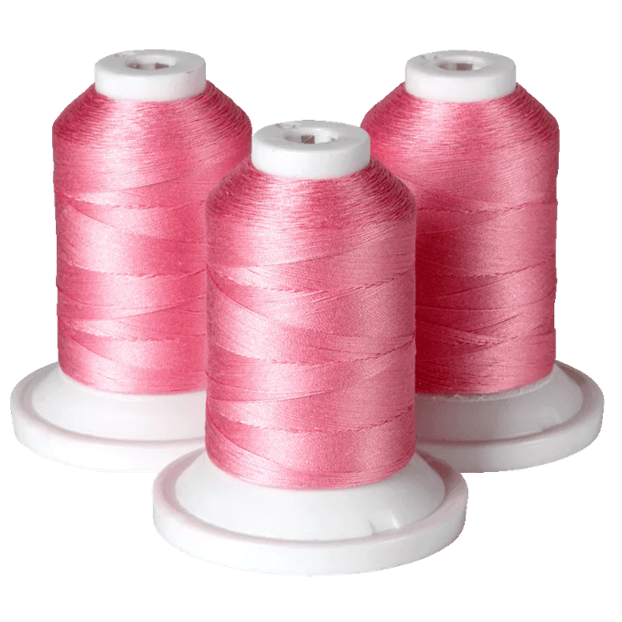 Three pink embroidery thread spools on white bases for Brother sewing machines