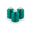 Three teal embroidery thread spools on white bases