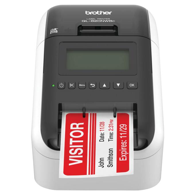 Brother QL-820NWBc wireless label printer with LCD screen printing red visitor badge