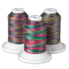 Three spools of multicolored embroidery thread on white bases