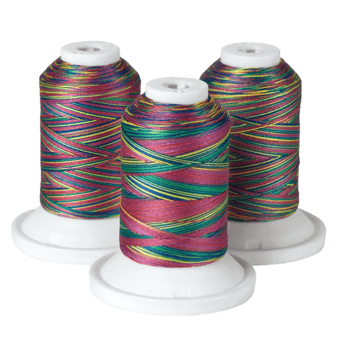 Three spools of multicolored embroidery thread on white bases