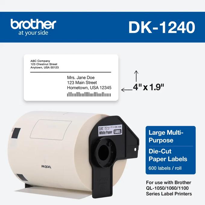 Brother DK-1240 die-cut paper label roll, 4 by 1.9 inches, 600 labels per roll
