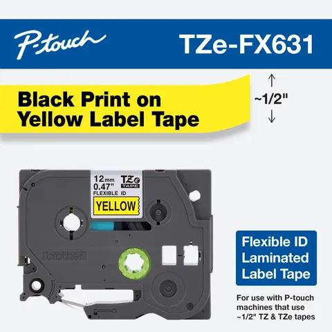 Cinta de etiquetas laminada flexible Brother TZe-FX631 con impresión negra sobre amarillo