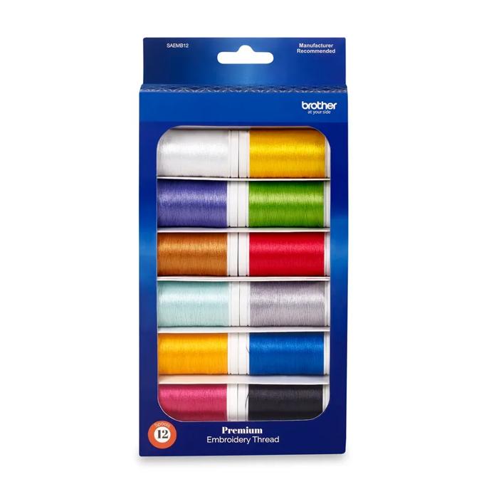 Brother SAEMB12 premium embroidery thread set with 12 vibrant color spools