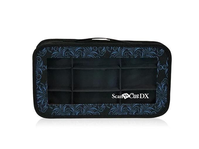 Brother ScanNCut DX storage case with blue floral pattern and organized compartments