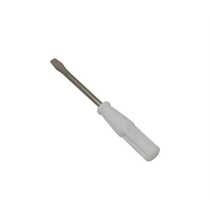 Flathead screwdriver with white handle and metal shaft