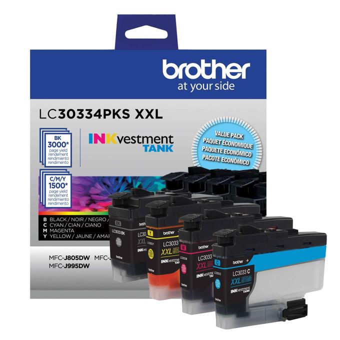 Brother LC30334PKS XXL INKvestment Tank cartridges in black, cyan, magenta, and yellow