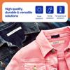 Brother fabric labels on denim and pink jeans showing fade, water, and temperature resistance