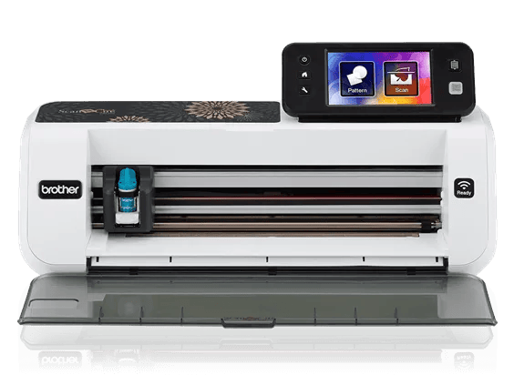 Brother CM350 cutting machine with open front cover and touchscreen display