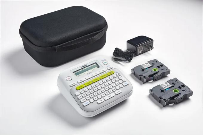 Brother P-Touch label maker with case, AC adapter, and two label tape cartridges
