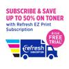Brother Refresh EZ Print toner subscription service with delivery truck and CMYK color bars