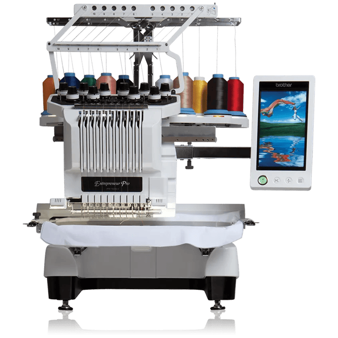 Brother PR1000e embroidery machine with 10-needle system and touchscreen display