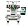 Brother PR1050X embroidery machine with 10 needles, thread spools, and smartphone display