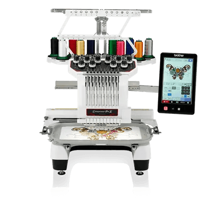 Brother PR1050X embroidery machine with 10 needles, thread spools, and smartphone display