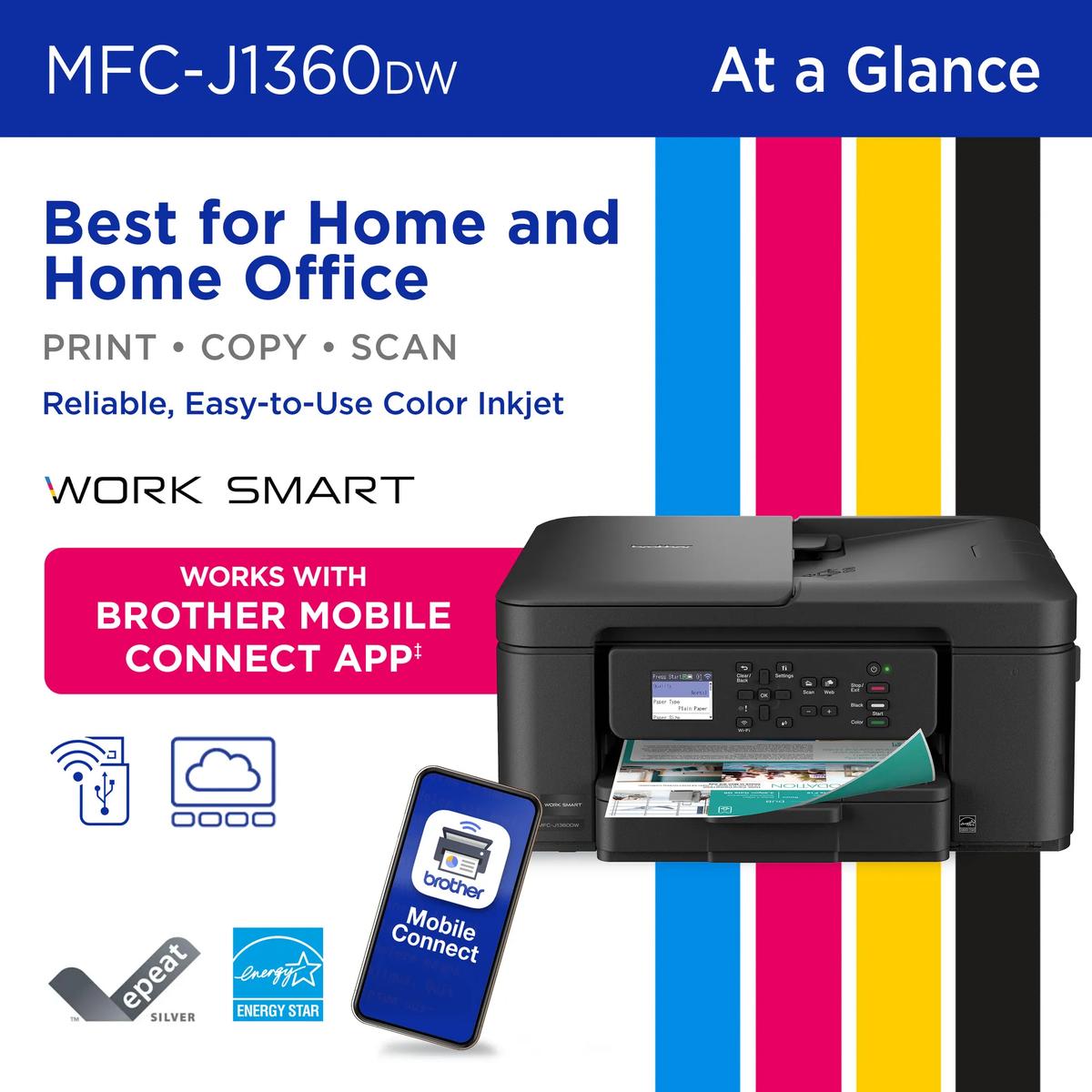 MFC-J1360DW at a glance: best for home and home office, print, copy and scan, works with the Brother Mobile Connect app, EPEAT Silver and ENERGY STAR