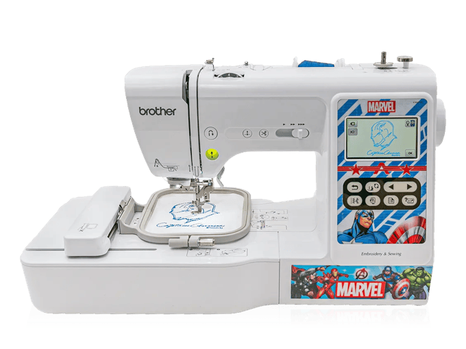 Brother LB5000M sewing and embroidery machine with Marvel-themed touchscreen display