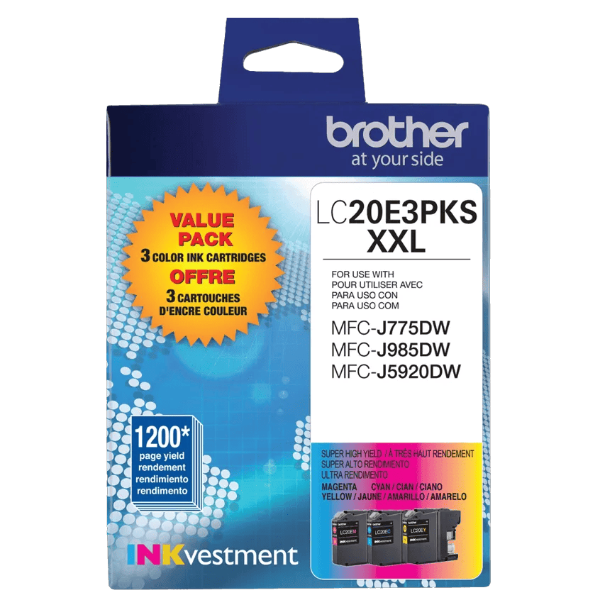 Brother LC20E3PKS XXL 3-pack color ink cartridges value pack for inkjet printers