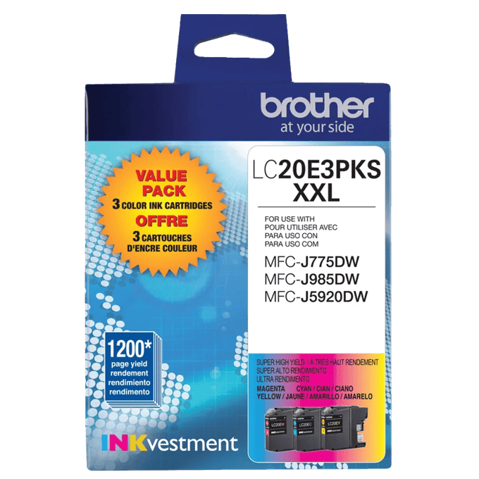 Brother LC20E3PKS XXL 3-pack color ink cartridges value pack for inkjet printers