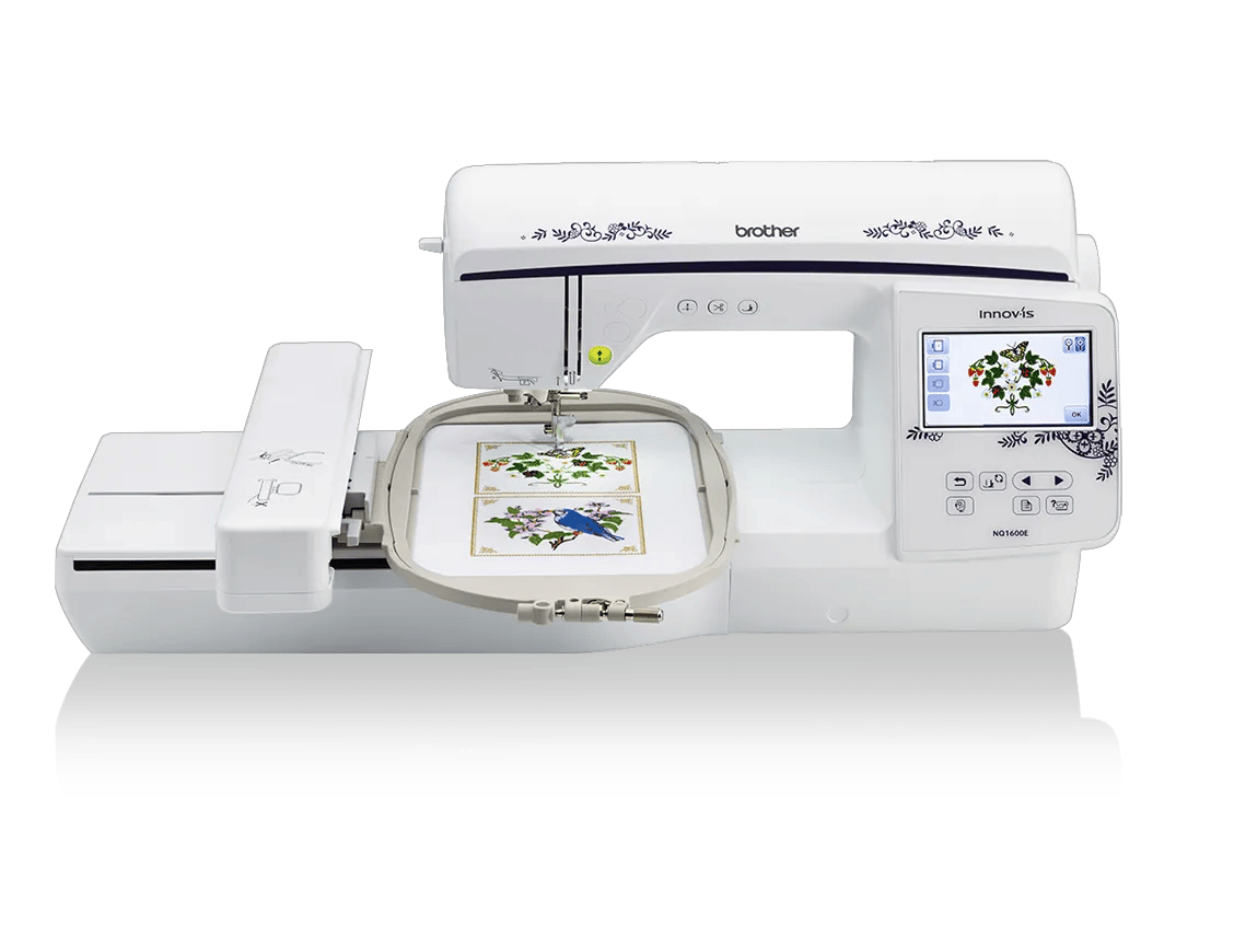 Brother NQ1600E embroidery machine with touchscreen and decorative floral hoop design