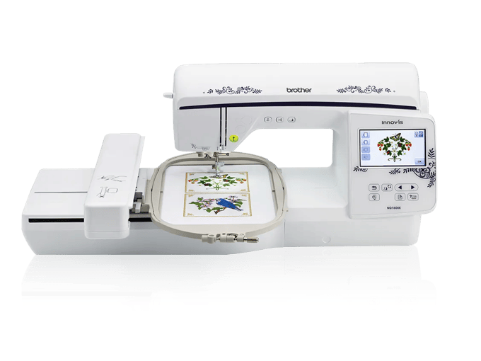 Brother NQ1600E embroidery machine with touchscreen and decorative floral hoop design