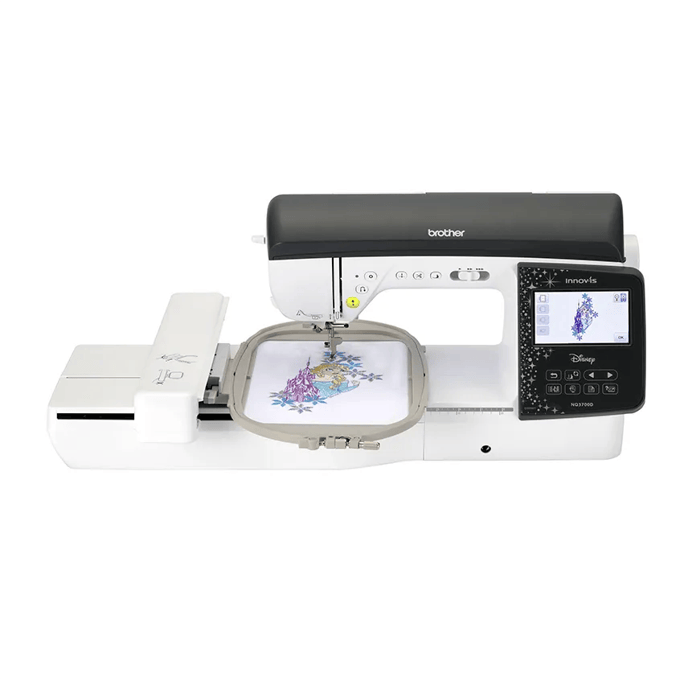 Brother NQ3700D embroidery machine with Disney design on hoop and touchscreen display