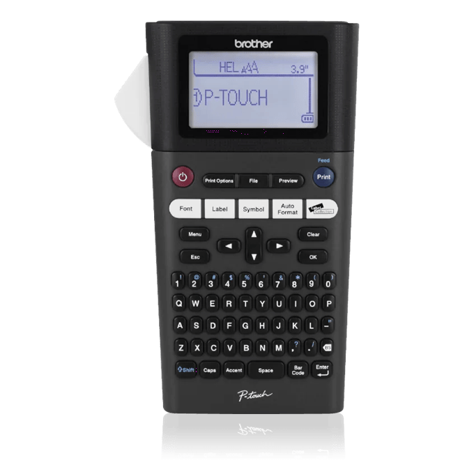 Brother P-touch handheld label maker with LCD display and full QWERTY keyboard