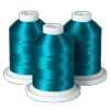 Three spools of teal embroidery thread on white bases