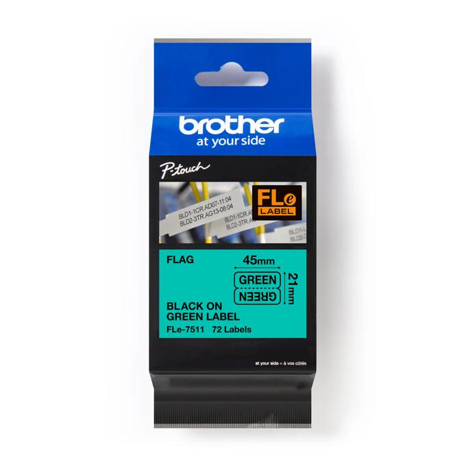 Brother P-touch FLe-7511 flag label tape, 45mm, black on green, 72 labels
