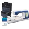Brother Innovis embroidery machine with touchscreen, hoop, and rolling travel cases