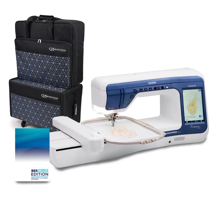 Brother Innovis embroidery machine with touchscreen, hoop, and rolling travel cases