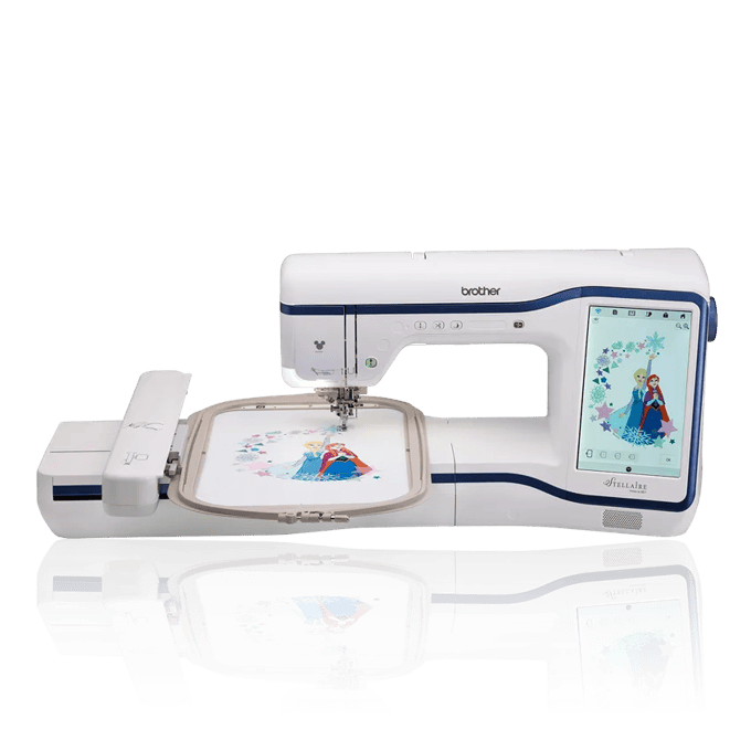 Brother embroidery machine with touchscreen displaying Disney Frozen design in hoop