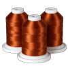 Three spools of copper-colored Brother embroidery thread on white bases