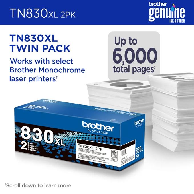 Brother TN830XL high-yield toner twin pack for monochrome laser printers with paper stack