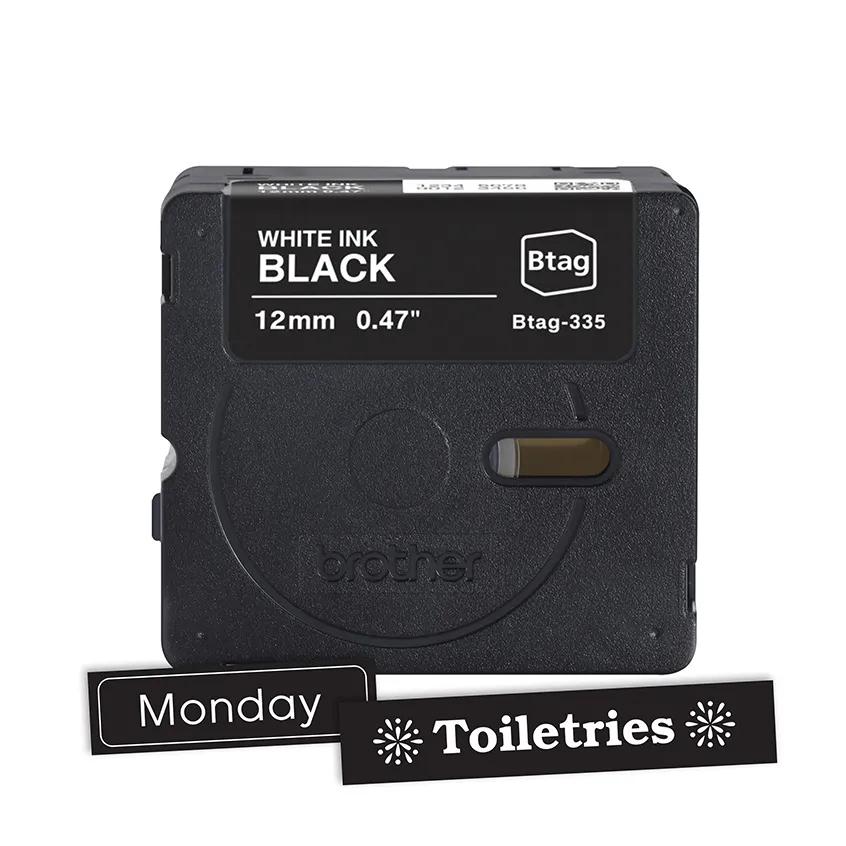 Brother Btag-335 label cartridge with white ink on black tape, 12mm width
