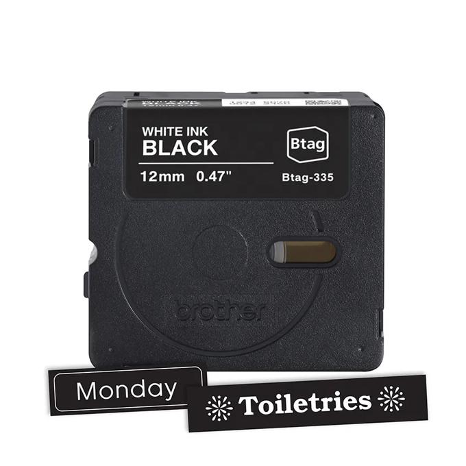 Brother Btag-335 label cartridge with white ink on black tape, 12mm width