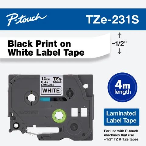 Brother TZe-231S laminated label tape cartridge with black text on white, 12mm width