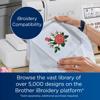 Brother PE570 embroidery machine with rose design on fabric in embroidery hoop