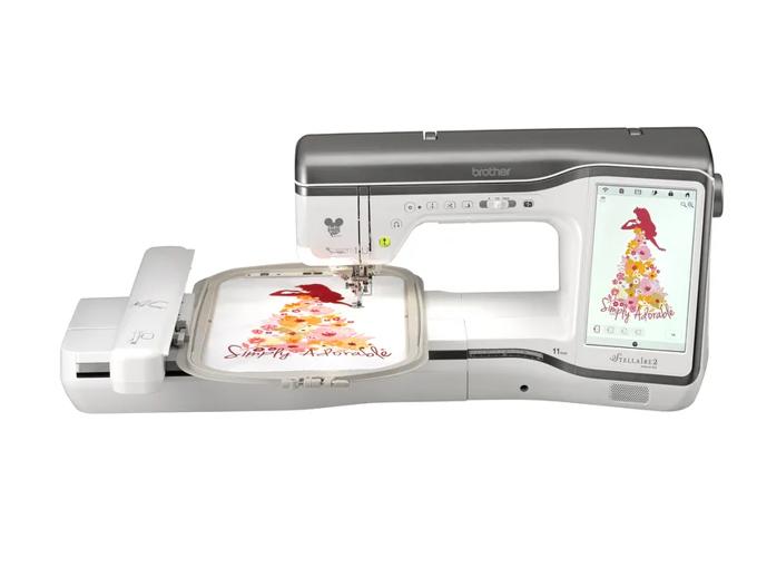Brother Stellaire XJ2 embroidery machine with touchscreen and floral design in hoop